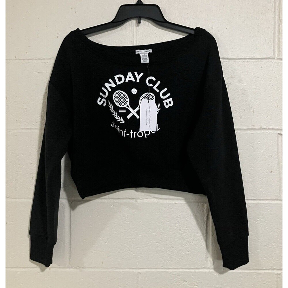 Sunday Club Cropped Sweatshirt Women's Size S Black Tennis Graphic NWT